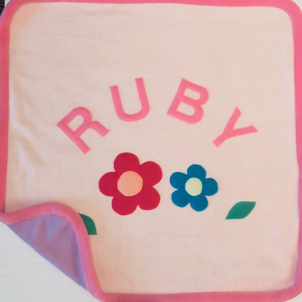 Daisy Fleece Blanket - Baby Pink Front/Lavender Back/Bright Pink Trim and Text