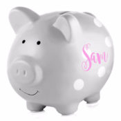 Personalized Piggy Bank - Grey Polka Dots