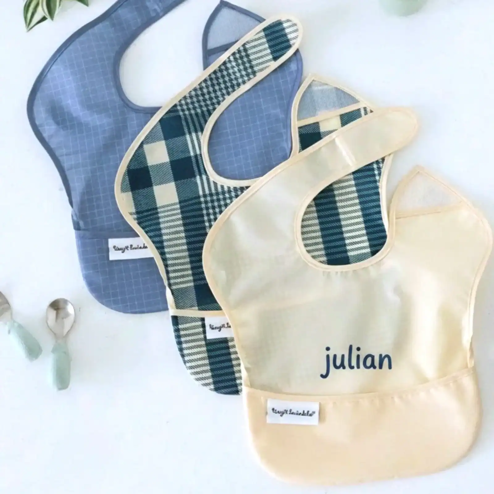 Personalized Waterproof Bib Set of 3 - Blue Plaid