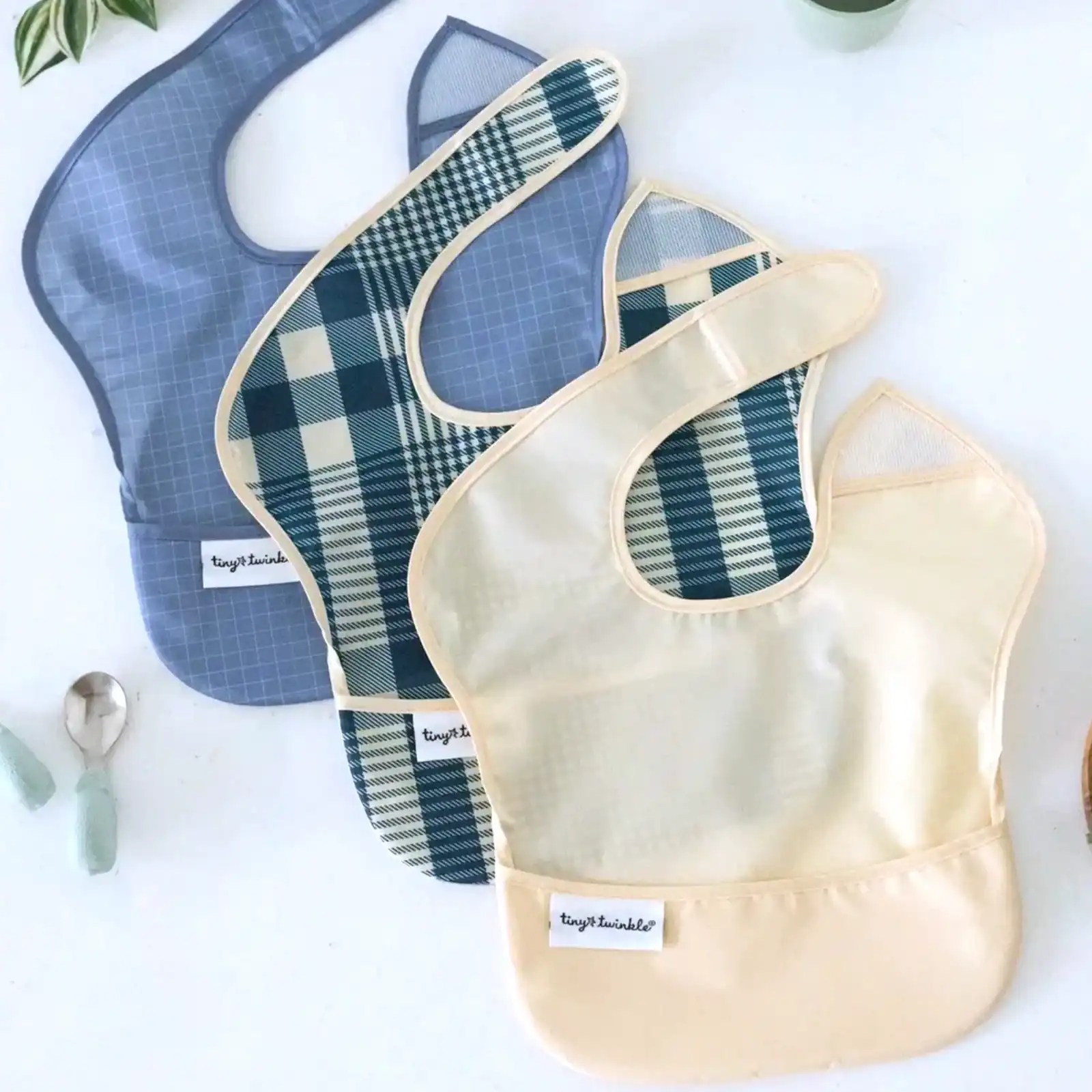 Personalized Waterproof Bib Set of 3 - Blue Plaid - Image 9