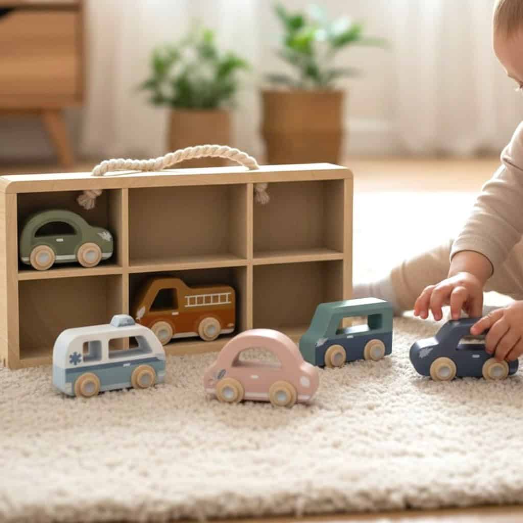 Wooden Car Display with Six Vehicles - Image 2