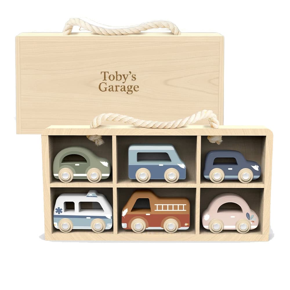 Wooden Car Display with Six Vehicles
